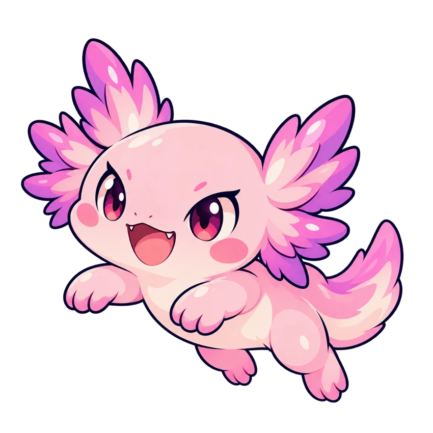 A cheerful pink axolotl with bright frilly gills